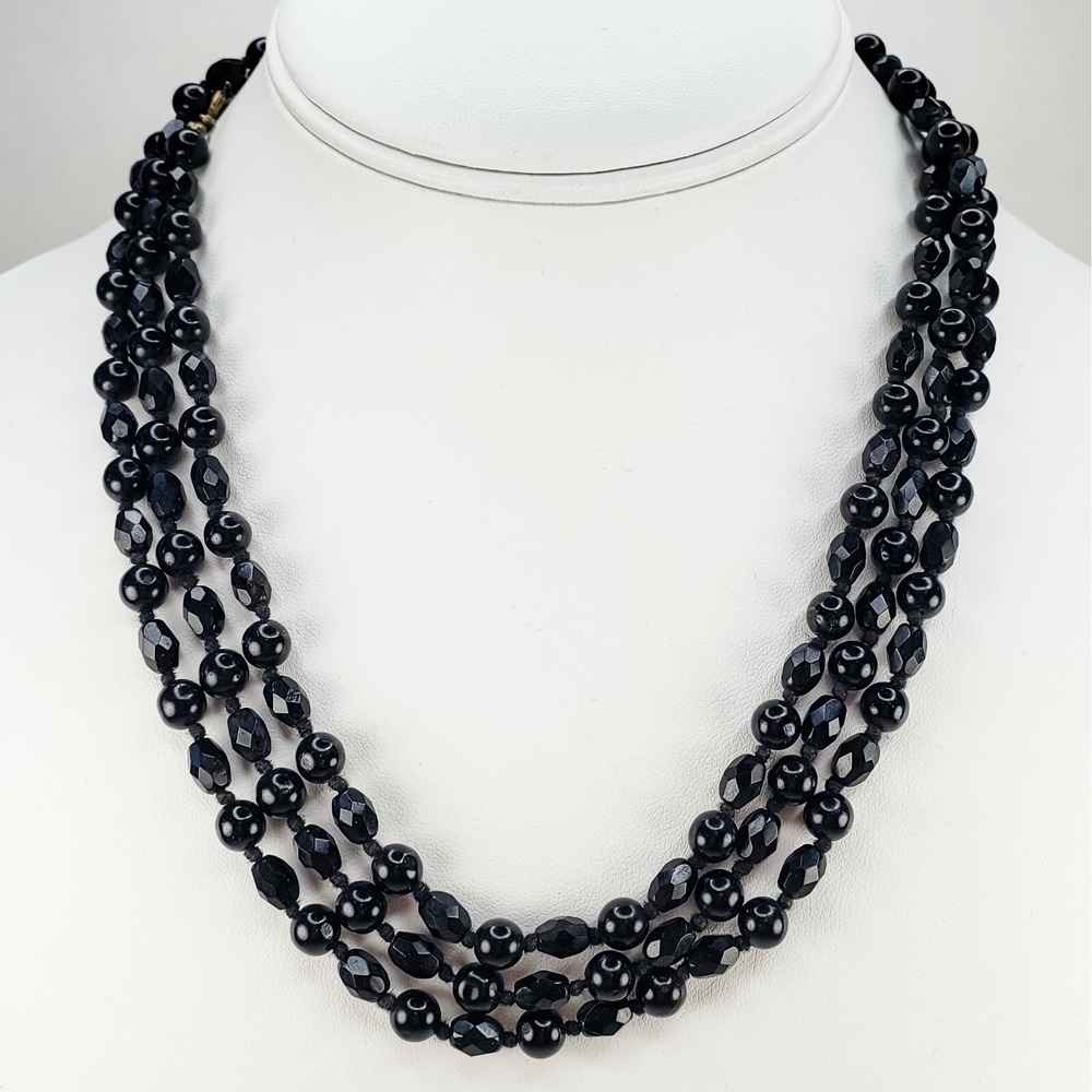 Vintage 1920's Flapper Necklace Black Faceted‎ Beads 57 Inches Single Strand